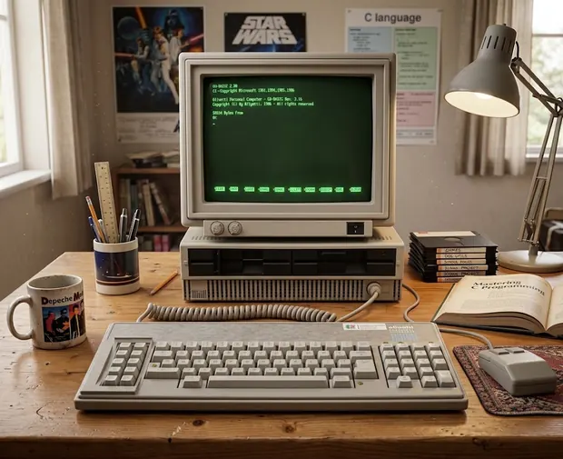 Scrivania degli anni Ottanta con un Olivetti M19 acceso, tastiera, floppy disk e poster alle pareti